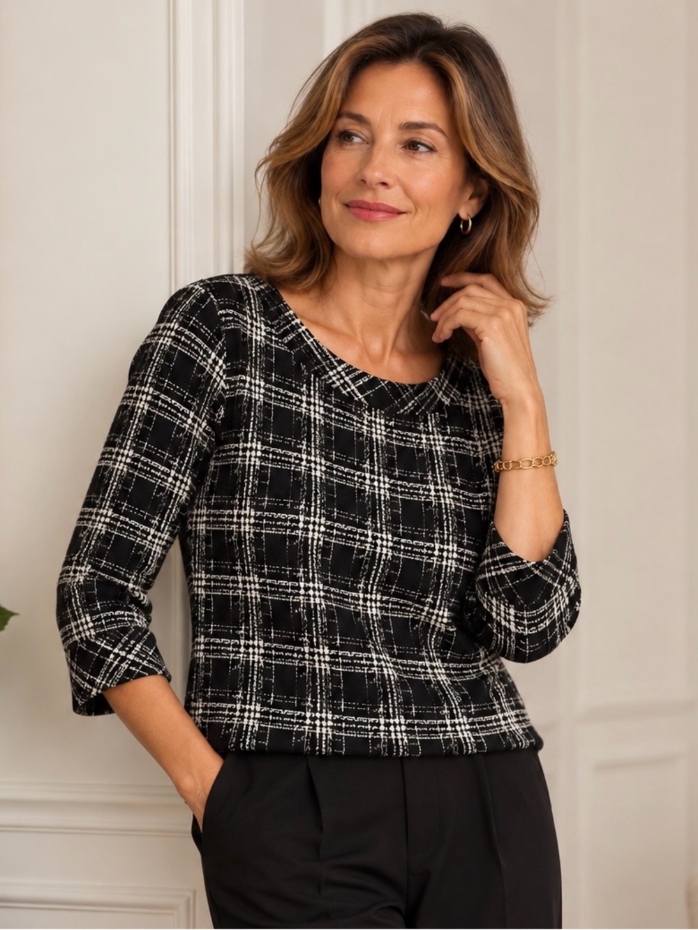 Talbots Petite Plaid Top Black Cream 3/4 Sleeve Cotton Blend MP
